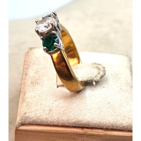 18kt Gold plated  Ring With Clear & Green Stones - Picture 2 of 4